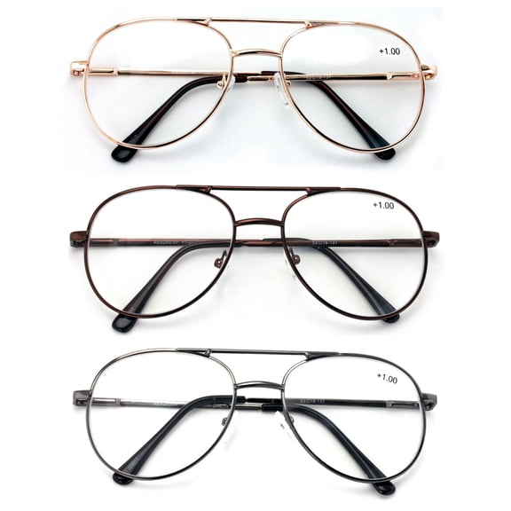 3 Pairs Metal Aviator Reading Glasses - Spring Hinge Tear Drop Clear Lens Reader +2.50