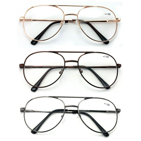 3 Pairs Metal Aviator Reading Glasses - Spring Hinge Tear Drop Clear Lens Reader +2.50