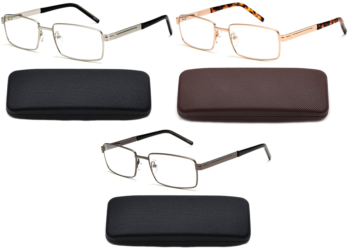 3 Pairs Metal Frame Reading Glasses Full Frame Spring Temple Optical Hinge Men Women Reading Glasses Rectangular in Hard Case