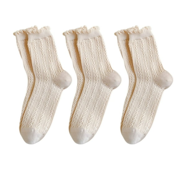 3 Pairs Mid-Crew Cable Knit Socks with Ruffle Cuffs Soft Stretchy Vintage-Inspired Design, 3 PK-Beige