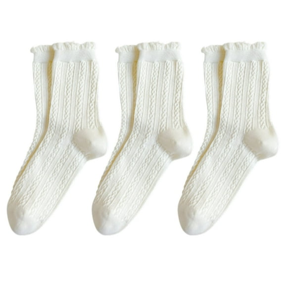 3 Pairs Mid-Crew Cable Knit Socks with Ruffle Cuffs Soft Stretchy Vintage-Inspired Design, 3 PK-ivory