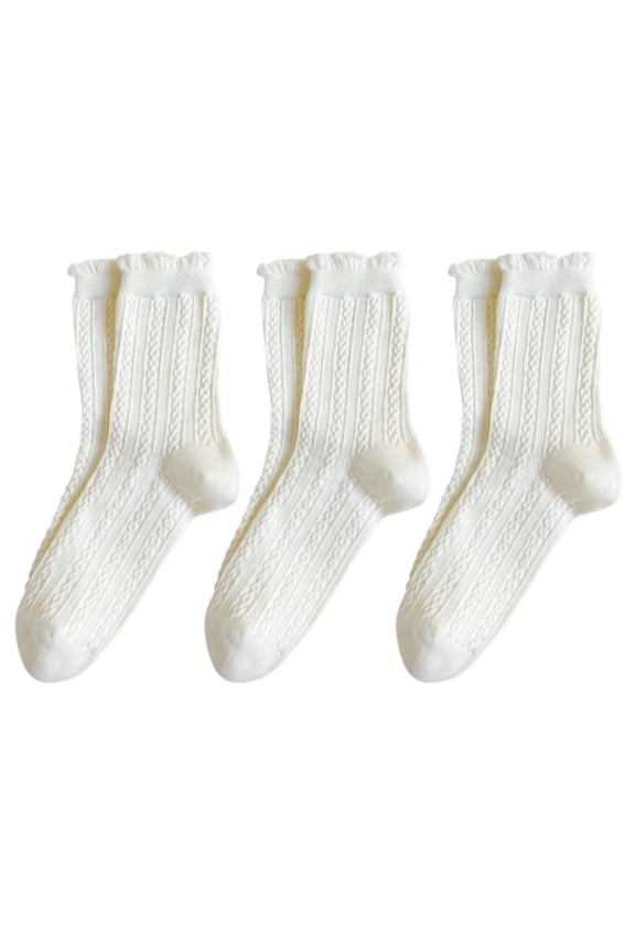 3 Pairs Mid-Crew Cable Knit Socks with Ruffle Cuffs Soft Stretchy Vintage-Inspired Design, 3 PK-ivory