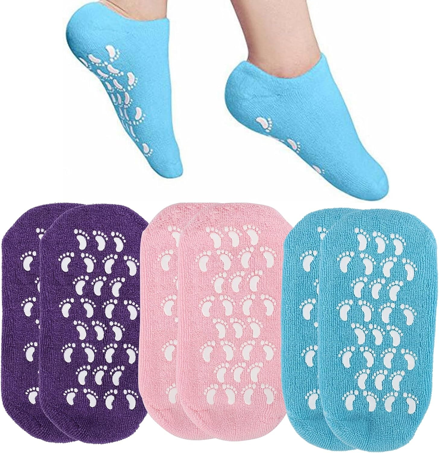 3 Pairs Moisturising Socks, Cotton Socks for Moisturising, Gel Socks for Women Moisture Socks for Moisturising Dry Feet Helps Repair Dry Cracked Skins and Softens Feet (Blue, Pink, Purple)