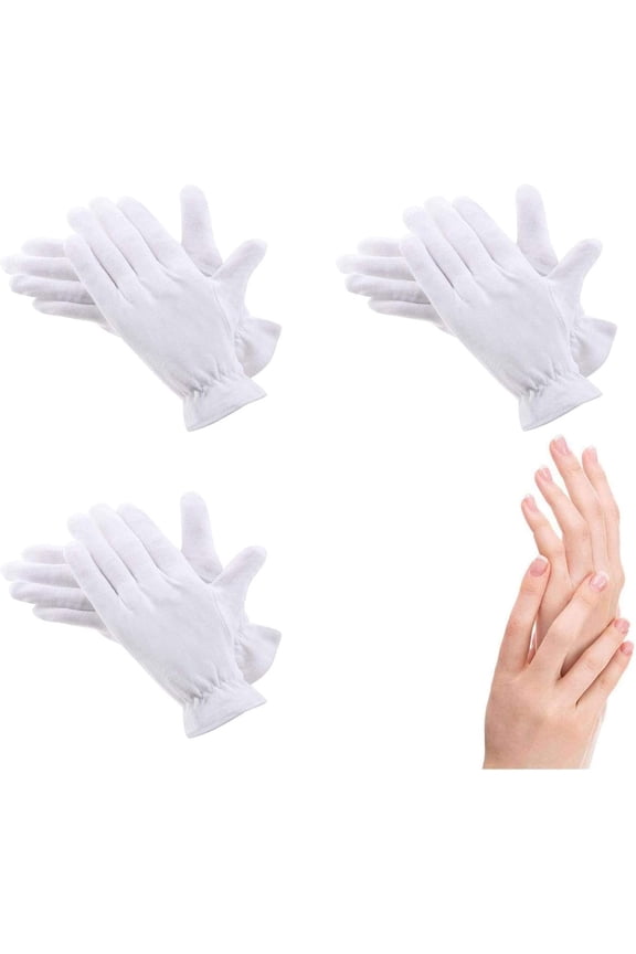 3 Pairs Moisturizing Gloves Over Night Bedtime White Cotton | Cosmetic Inspection Premium Cloth Quality | Eczema Dry Sensitive Irritated Skin Spa Therapy Secure Wristband| One Size Fits Most