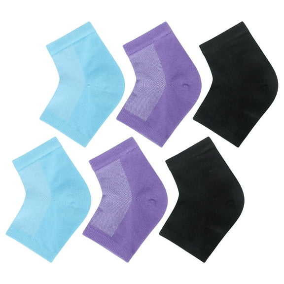 3 Pairs Moisturizing Heel Socks, Gel Infused (Vitamin E/Aloe/Oil), Toeless Design, Cotton Blend, Washable Reusable, Soft Stretchy, Blue/Purple/Black, Foot Care for Dry Heels