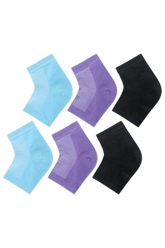 3 Pairs Moisturizing Heel Socks, Gel Infused (Vitamin E/Aloe/Oil), Toeless Design, Cotton Blend, Washable Reusable, Soft Stretchy, Blue/Purple/Black, Foot Care for Dry Heels