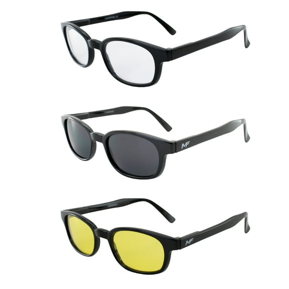 3 Pairs MotoFrames Lockdown Motorcycle Riding Glasses w/ Black Frames Clear Smoke Yellow Lenses
