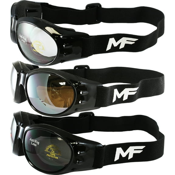 3 Pairs MotoFrames MF Vulcan Padded Motorcycle Goggles Black Frames, Clear/Driving Mirror/Smoke Lenses