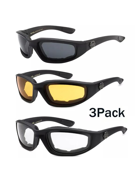 3 Pairs Motorcycle Sports Biker Riding Glasses Padded Wind Resistant Sunglasses