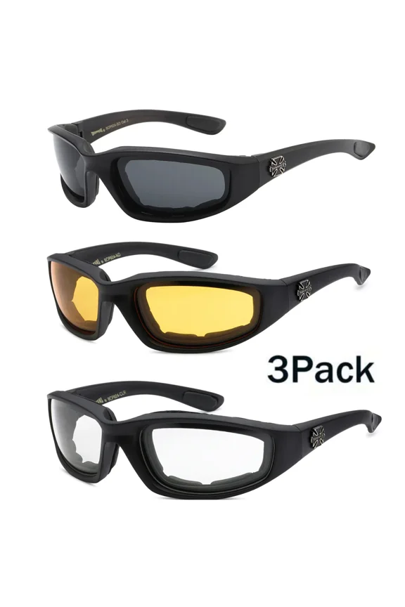 3 Pairs Motorcycle Sports Biker Riding Glasses Padded Wind Resistant Sunglasses