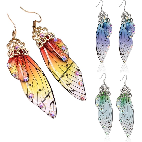 3 Pairs Multicolored Butterfly Wing Drop Dangle Earrings Set Crystal Rhinestone Gold Plated Simulation Insect Hook Dragonfly Wings for women wedding Jewelry-A