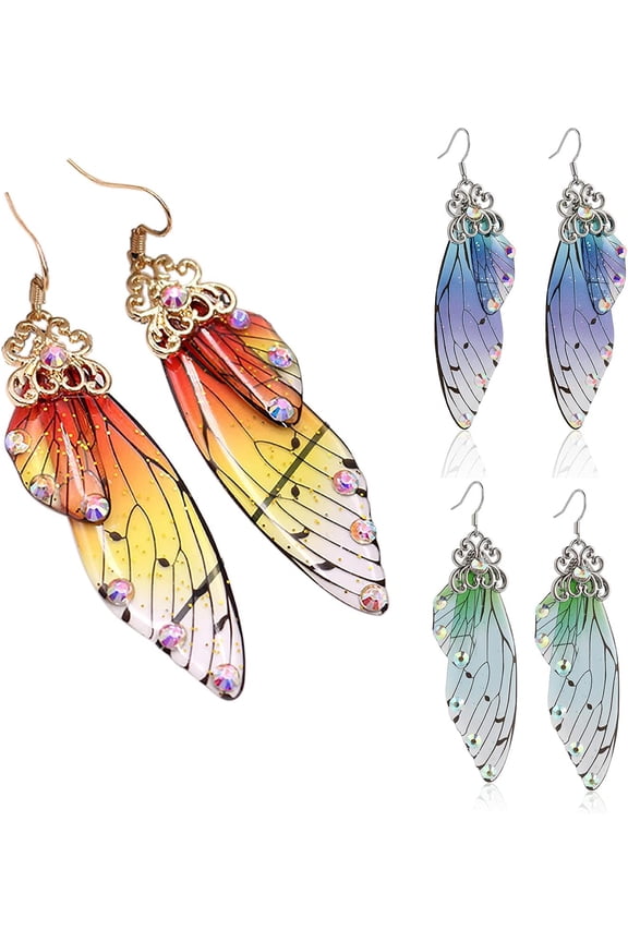3 Pairs Multicolored Butterfly Wing Drop Dangle Earrings Set Crystal Rhinestone Gold Plated Simulation Insect Hook Dragonfly Wings for women wedding Jewelry-A