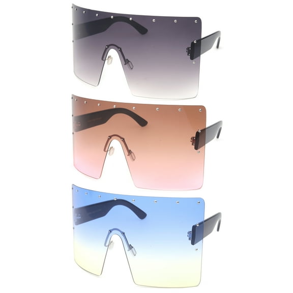 3 Pairs Newbee Fashion One Piece Lens Oversized Square Rimless Large Fashion Sunglasses for Women, 7*3.25 inches Rectangle Flat Top Face Shield, Pins Decorations, UV 400 Lens, Smoke & Pink & Blue