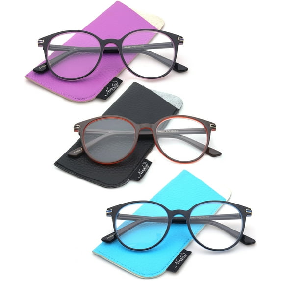 3 Pairs Newbee Fashion Reading Glasses for Women,Two Tone Round Vintage Plastic Frame, 3 Pouches Included Match Frame Color, Comfort Design Reading Glasses +1.75