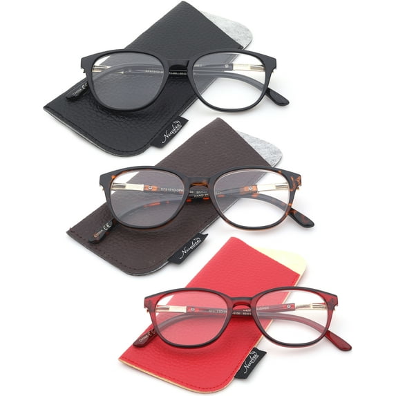 3 Pairs Newbee Fashion Reading Glasses for Women, Vintage Style Plastic Frame, Metal Spring Hinge with Rhinestone, 3 Pouches Included Match Frame Color, Comfort Design Reading Glasses +2.00