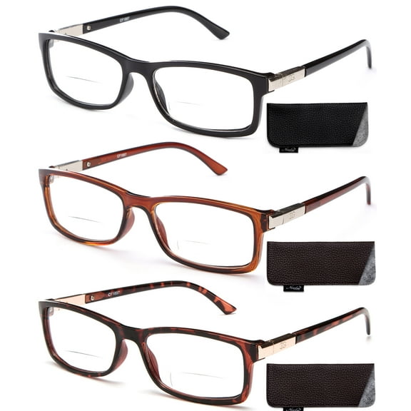 3 Pairs Newbee Fashion Rectangle Plastic Frame Reading Glasses for Men, Women, Bifocal Lenses, Metel Bold Spring Hinge, 3 Pouches Included, Comfort Design Reading Glasses +1.00
