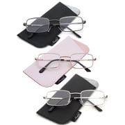 3 Pairs Newbee Fashion Rectangular Classic Metal Frame Reading Glasses for Men for Women, Spring Hinge , 3 Pouches Included Match Frame Color, Comfort Design Reading Glasses +1.50