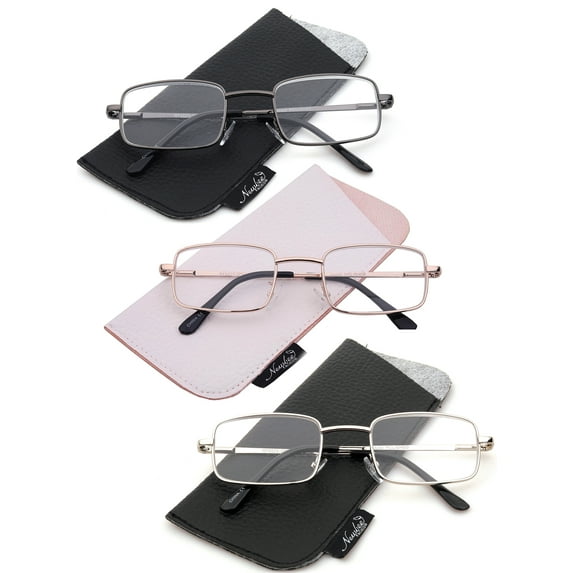 3 Pairs Newbee Fashion Rectangular Classic Metal Frame Reading Glasses for Men for Women, Spring Hinge , 3 Pouches Included Match Frame Color, Comfort Design Reading Glasses +1.75