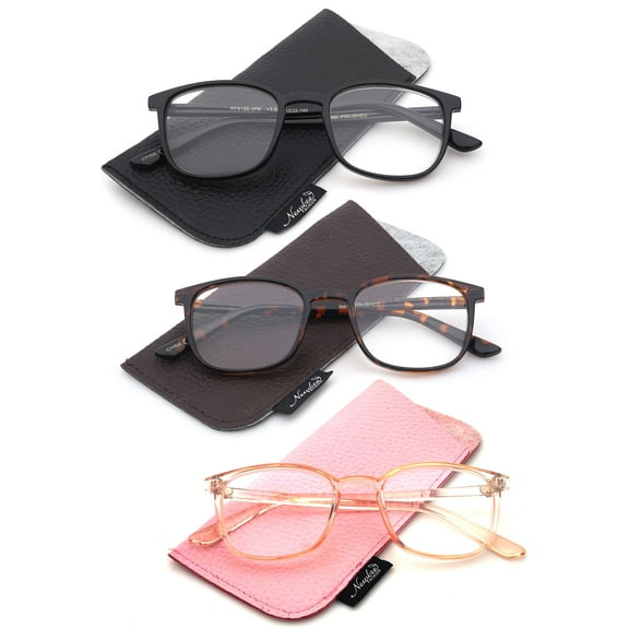 3 Pairs Newbee Fashion Slim Frame Reading Glasses for Women, Square Frame Light Wight , 3 Pouches Included Match Frame Color, Comfort Design Reading Glasses +2.00