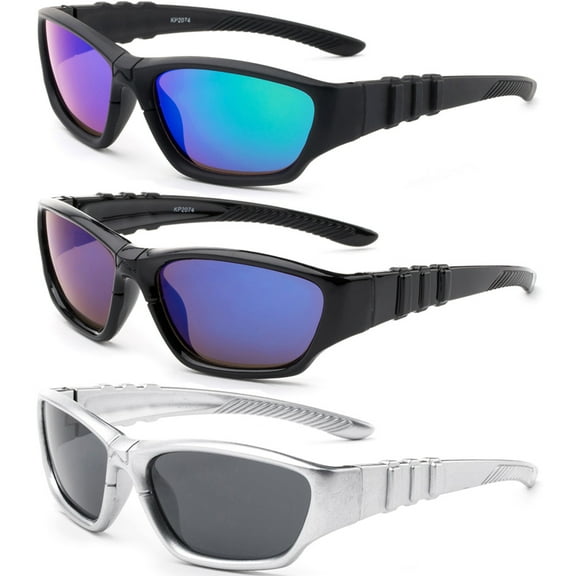 3 Pairs Newbee Fashion - "Sporty" Kyra Kids Sport Design Wrap Around Flash/Mirror Sunglasses (1 - 5 Years)