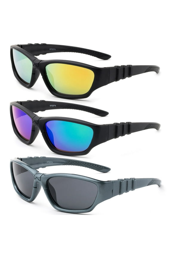 3 Pairs Newbee Fashion - "Sporty" Kyra Kids Sport Design Wrap Around Flash/Mirror Sunglasses (1 - 5 Years)