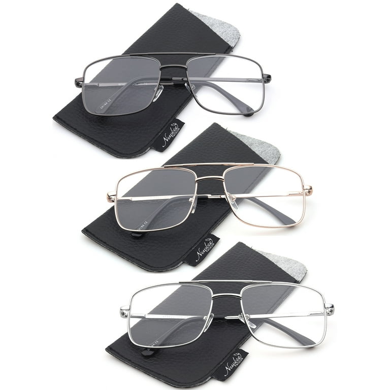 3 Pairs Newbee Fashion Square Aviator Classic Metal Frame Reading Glasses for Men Big Frame with Spring Hinge 3 Pouches Included Match Frame Color