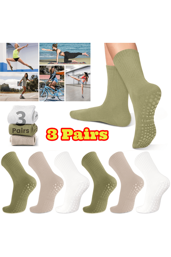 3 Pairs Non Slip Pilates Socks with Grips for Women, Cotton Crew Socks for Yoga, Barre, Barefoot Workout