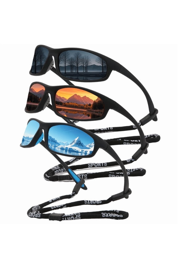 3 Pairs Nonslip Surfing Goggles with Polarizing,Wrap Around UV Protection Sunglasses for Men,Outdoor Sports Polarized Glasses for Fishing Cycling Running Golf (Black Red Blue)