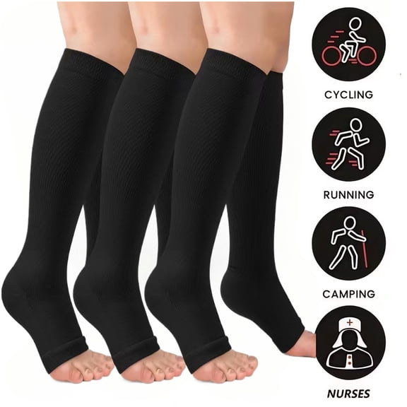 3 Pairs Open Toe Compression Socks for Men and Women, Knee High Support Stockings with Stretch Fit for Running, Cycling, Travel, Work, Hiking and Everyday Wear