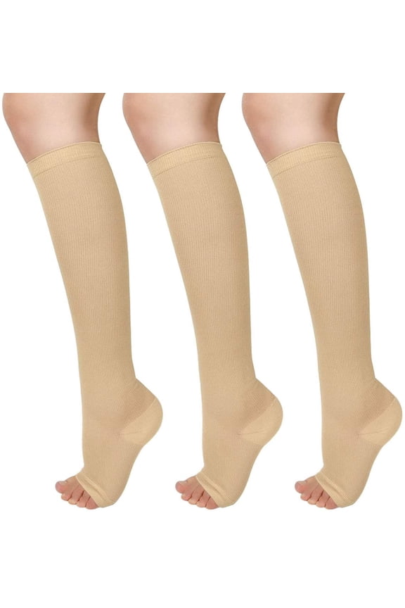 3 Pairs Open Toe Compression Socks Women Knee High Toeless 15-25 mmHg
