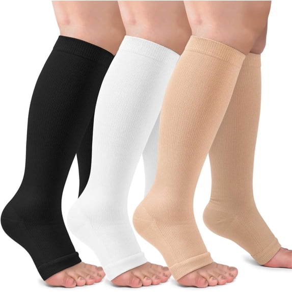 3 Pairs Open Toe Compression Socks for Women & Men Circulation 15-20 mmHg - Better Blood Flow, Swelling , Best Support for Medical, Running, Nursing