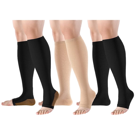 3 Pairs Open Toe Copper Compression Socks for Women & Men Circulation 15-20 mmHg - Better Blood Flow, Swelling , Best Support for Medical, Running, Nursing