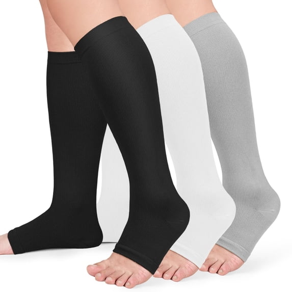 3 Pairs Open Toe Copper Compression Socks for Women & Men Circulation 15-20 mmhg - Better Blood Flow, Swelling, Best Support for Medical, Running, Nursing