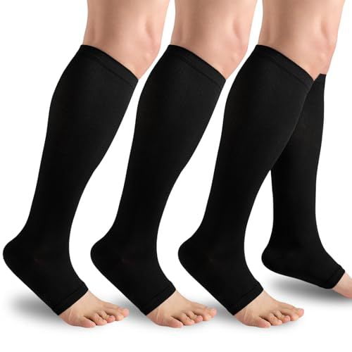 3 Pairs Open Toe Knee High Socks for Women, Toeless Comfort Support Socks 15-20 MmHg