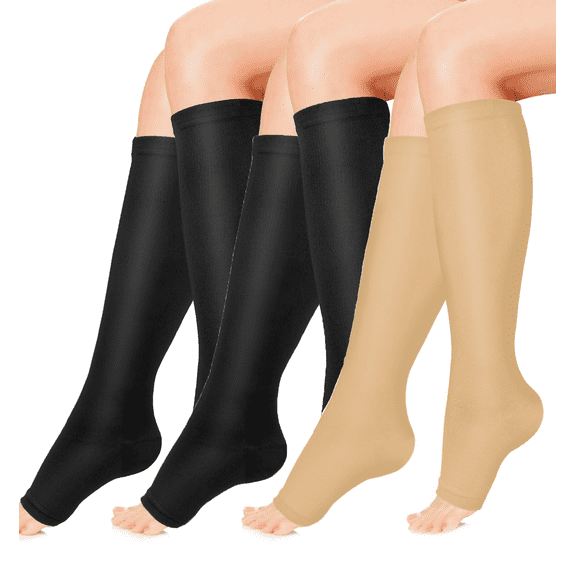 3 Pairs Open Toe Medical Sport Compression Socks - 15-20mmhg Graduated Knee-High Support for Men & Women, Ideal for Soccer, Running, and Nurses