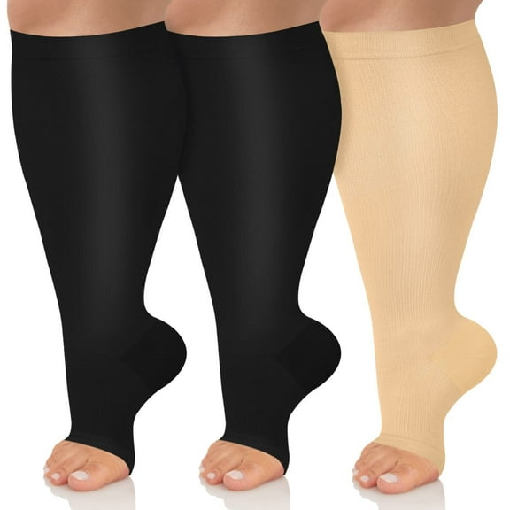 3 Pairs Open Toe Plus Size Medical Sport Compression Socks - 20-30mmhg Graduated Knee-High Support for Men & Women, Ideal for Soccer, Running, and Nurses