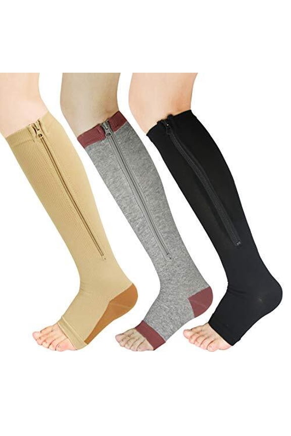 3 Pairs Open Toe Zipper Medical Sport Compression Socks - 15-20mmhg Graduated Knee-High Support for Men & Women, Ideal for Soccer, Running, and Nurses