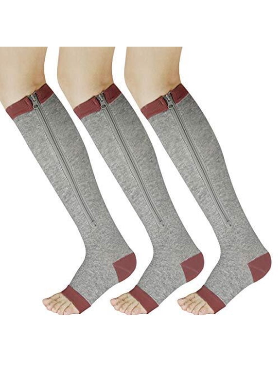 3 Pairs Open Toe Zipper Medical Sport Compression Socks - 15-20mmhg Graduated Knee-High Support for Men & Women, Ideal for Soccer, Running, and Nurses