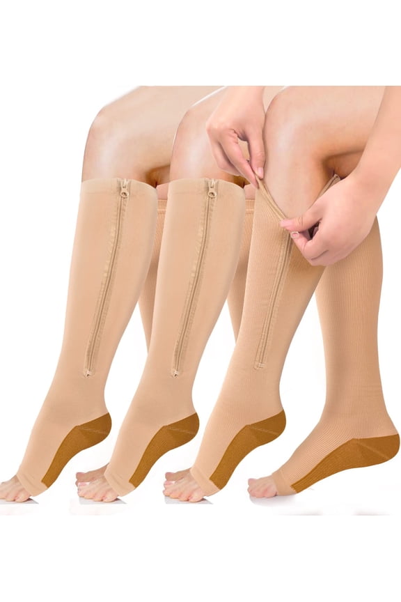 3 Pairs Open Toe Zipper Medical Sport Compression Socks - 15-20mmhg Graduated Knee-High Support for Men & Women, Ideal for Soccer, Running, and Nurses