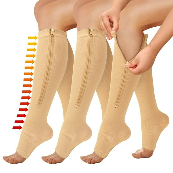 3 Pairs Open Toe Zipper Medical Sport Compression Socks - 15-20mmhg Graduated Knee-High Support for Men & Women, Ideal for Soccer, Running, and Nurses