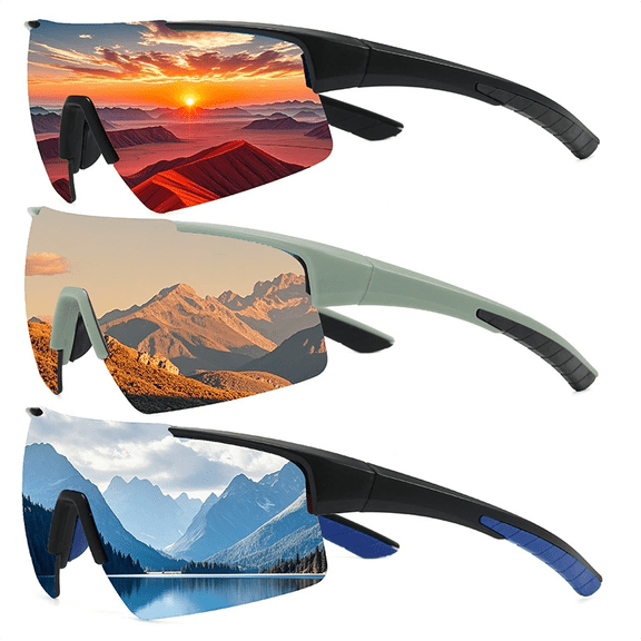 3 Pairs Outdoor Cycling Glasses One-piece Windproof Sports Goggles Hiking Climbing Sunglasses for Men UV400 Protection Visor(Red Gold Blue)