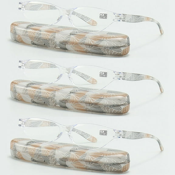 3 Pairs of Oval Clear Frame Gray Temple Blue Light Blocking Reading Glasses 1.00 for Women Printed Ultralight Presbyopia Glasses Plastic Readers +1.00 with Case