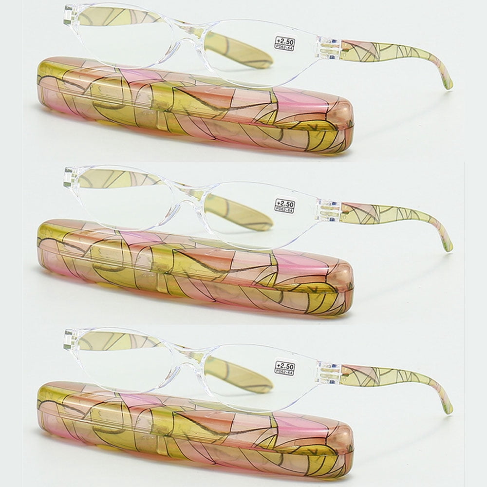 3 Pairs of Oval Clear Frame Yellow Green Temple Anti-Blue Light Reading Glasses for Women Printed Ultralight Presbyopia Glasses Plastic Readers +4.00 with Case