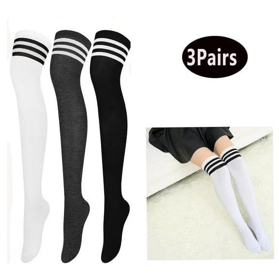 3 Pairs Over Knee Thigh Socks Knee-High Warm Stocking Women Boot Sock Leg Warmer High Socks for Daily Wear, Cosplay(White,Black,Grey,Striped)