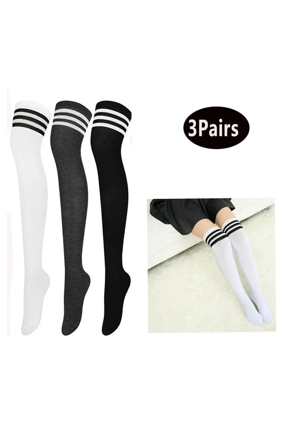 3 Pairs Over Knee Thigh Socks Knee-High Warm Stocking Women Boot Sock Leg Warmer High Socks for Daily Wear, Cosplay(White,Black,Grey,Striped)