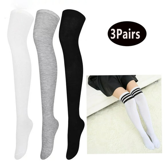 3 Pairs Over Knee Thigh Socks Knee-High Warm Stocking Women Boot Sock Leg Warmer High Socks for Daily Wear, Cosplay(White,Black,Grey)