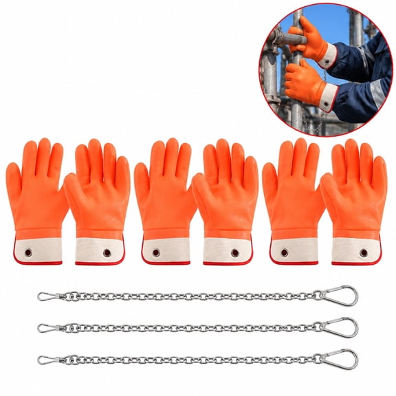 3 Pairs PVC Coated Cold Weather Work Gloves, 10.24 inch Warm Waterproof Gloves with Safety Chain for Industry