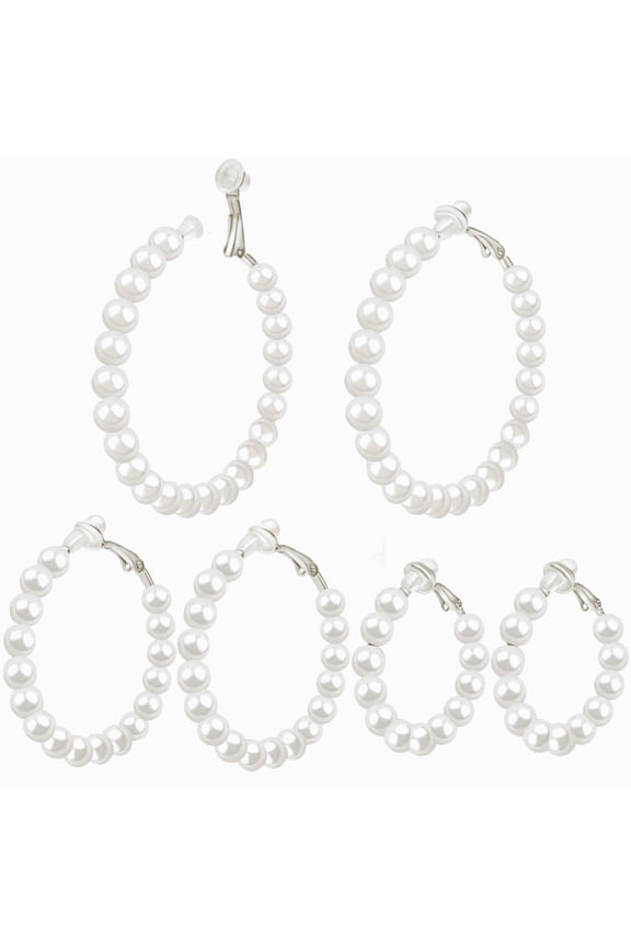 3 Pairs Pearl Clip on Hoop Earrings Hypoallergenic Artificial Pearls Alloy Large Circle Earring Clips Hoops Jewelry Gift for Women Non-Pierced Ears, 30 mm 40 mm 50 mm