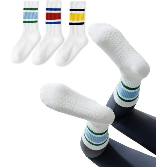 3 Pairs Pilates Grip Socks for Women Yoga Grippy Striped Retro Crew Socks Non Slip Sticky Barre Sock with Grippers