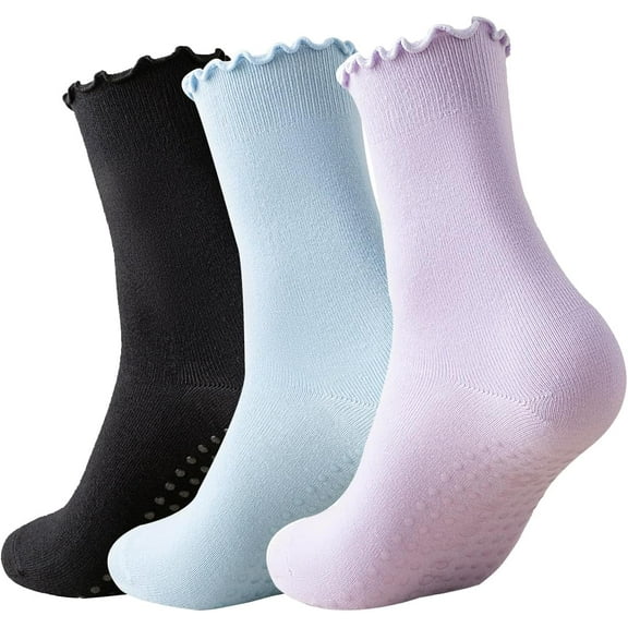 3 Pairs Pilates Socks with Grips Non-slip Ruffle Yoga Socks Grip Socks for Women